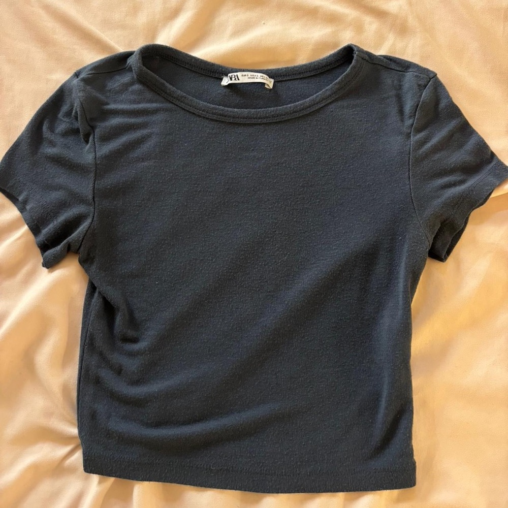 ZARA Navy Short Sleeve Crop Top